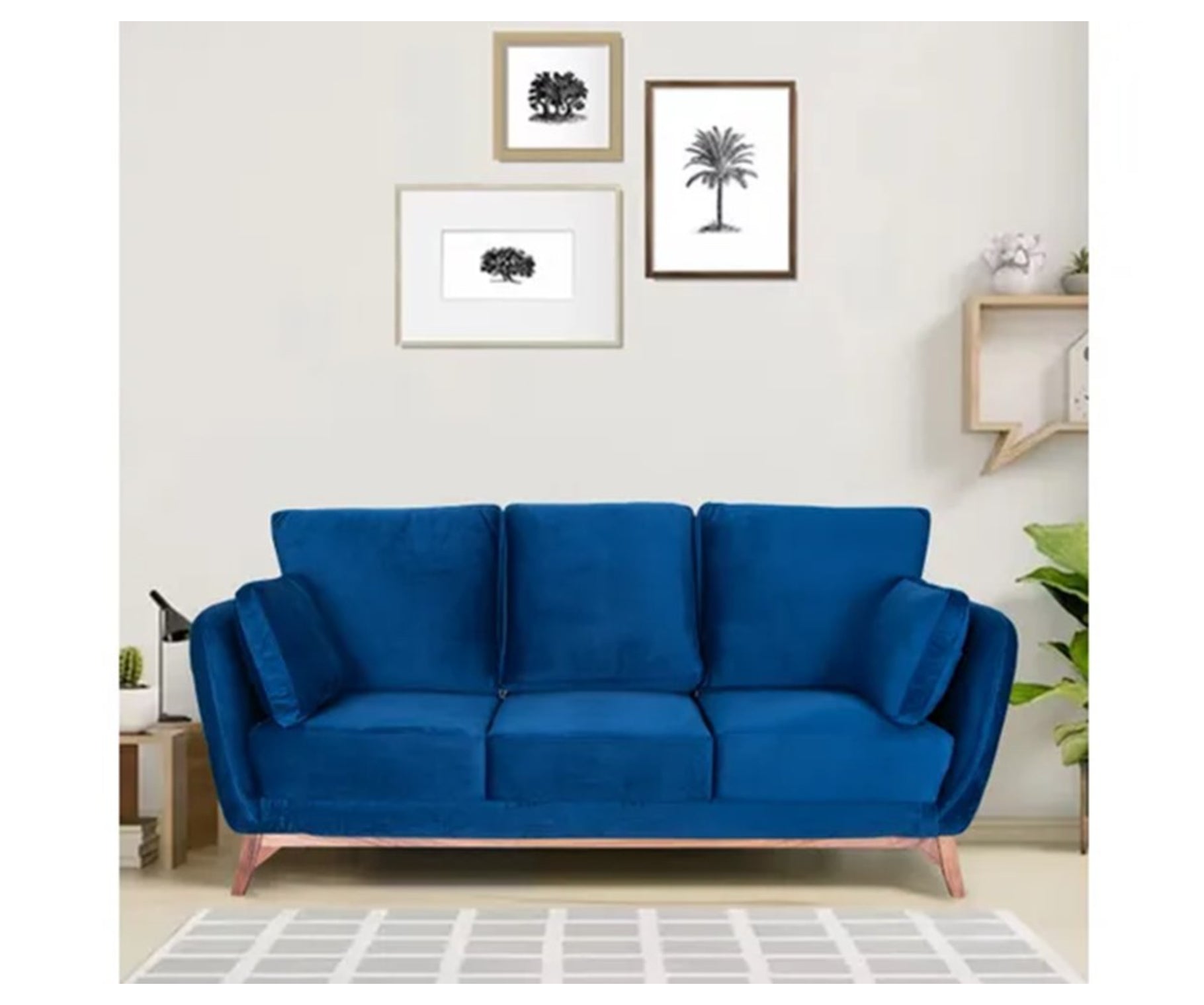 Buy Decor Desk Freddie Velvet Fabric 3 Seater Sofa in Royle Blue Colour ...