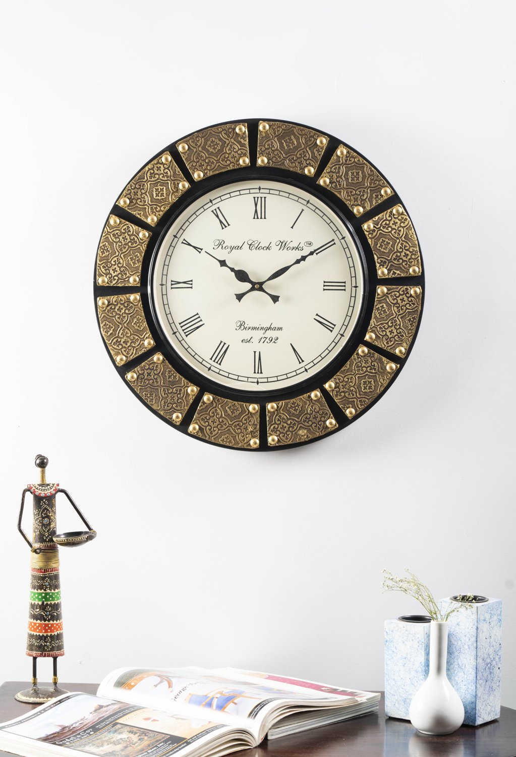 Zian Round Style Black & Antique Gold Wooden & Brass Wall Clock ...